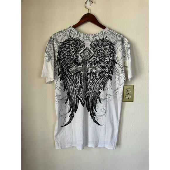 Vintage Y2K Affliction Men’s Distressed White Cross Wings Short Sleeve T Shirt - Picture 4 of 9